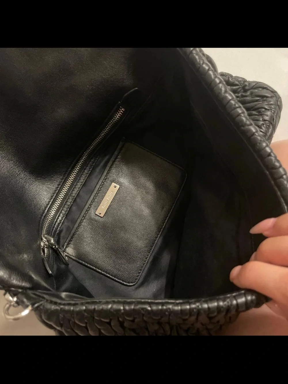 Miu Miu Black Quilted Leather Shoulder Bag with Crystal-Strap